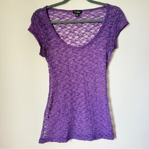 Vintage Guess 90s Y2K Fitted Short Sleeve Scoop Neck Purple Lace Top Medium